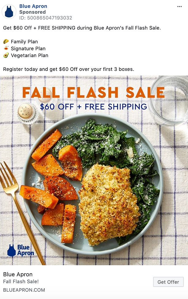 A plate with breaded chicken, roasted sweet potatoes, and sautéed kale sits on a white surface, promoting Blue Apron's Fall Flash Sale of $60 off and free shipping.