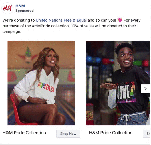 Two people pose wearing H&M Pride Collection shirts with "LOVE" printed on them; text describes a donation campaign linked to the collection.
