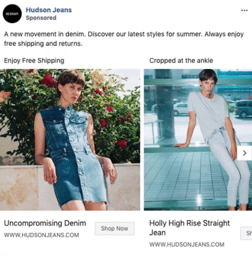 Two images of a model: on the left, she wears a sleeveless denim dress outdoors; on the right, she sits indoors in a light wash denim outfit with cropped jeans.