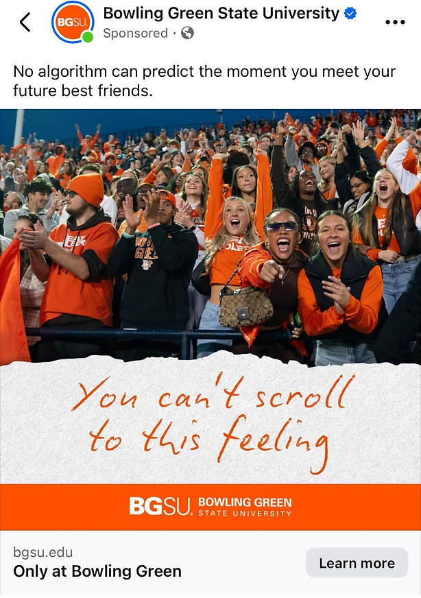 A crowd of enthusiastic Bowling Green State University students cheer in a stadium, wearing orange and showing school spirit.