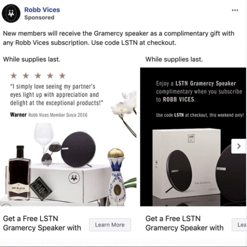 Advertisement for Robb Vices offering a free LSTN Gramercy Speaker with subscription, featuring product images and a customer testimonial.