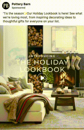 Living room with a decorated mantel, hanging stockings, stacked firewood, a lit fireplace, a coffee table, and a white sofa with pillows and a knit throw. Text overlay promotes a holiday lookbook.