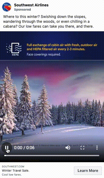 A snow-covered forest landscape at sunset with evergreen trees and a clear sky, featured in a Southwest Airlines winter travel sale ad.