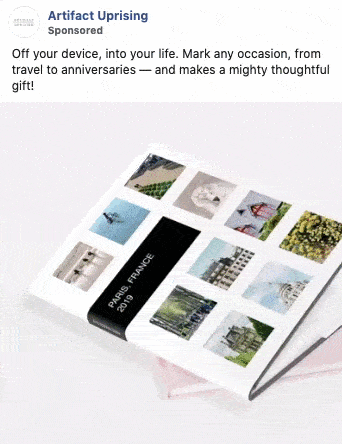 A photo book with a black spine labeled "Paris France 2019" is shown, featuring a collage of travel photos on the cover.
