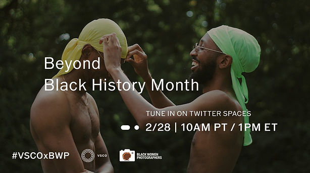 Two men outdoors put on colorful durags. Overlaid text promotes a “Beyond Black History Month” event on Twitter Spaces, Feb 28 at 10AM PT/1PM ET. Logos included at the bottom.