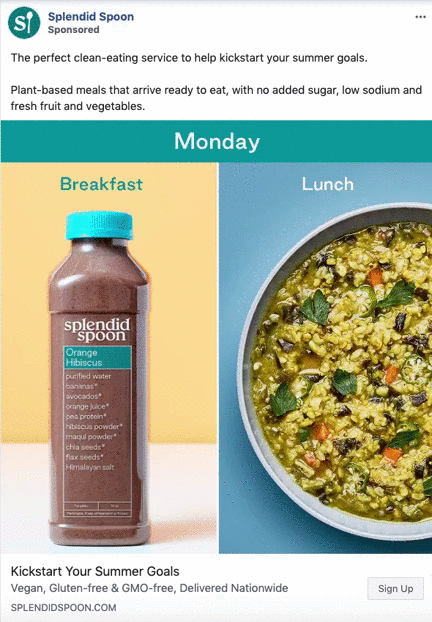 A bottle of Splendid Spoon Orange Hibiscus smoothie is shown for breakfast beside a bowl of green vegetable risotto for lunch, labeled Monday.