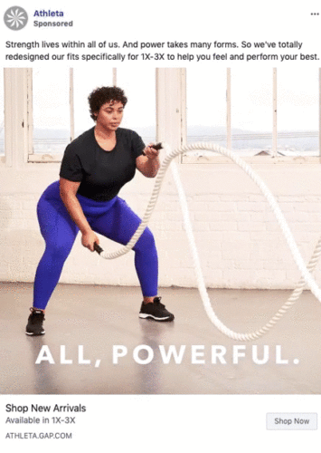 A woman in athletic wear exercises with battle ropes in a bright room. Text reads: "ALL, POWERFUL." Promotion for Athleta activewear in sizes 1X–3X.