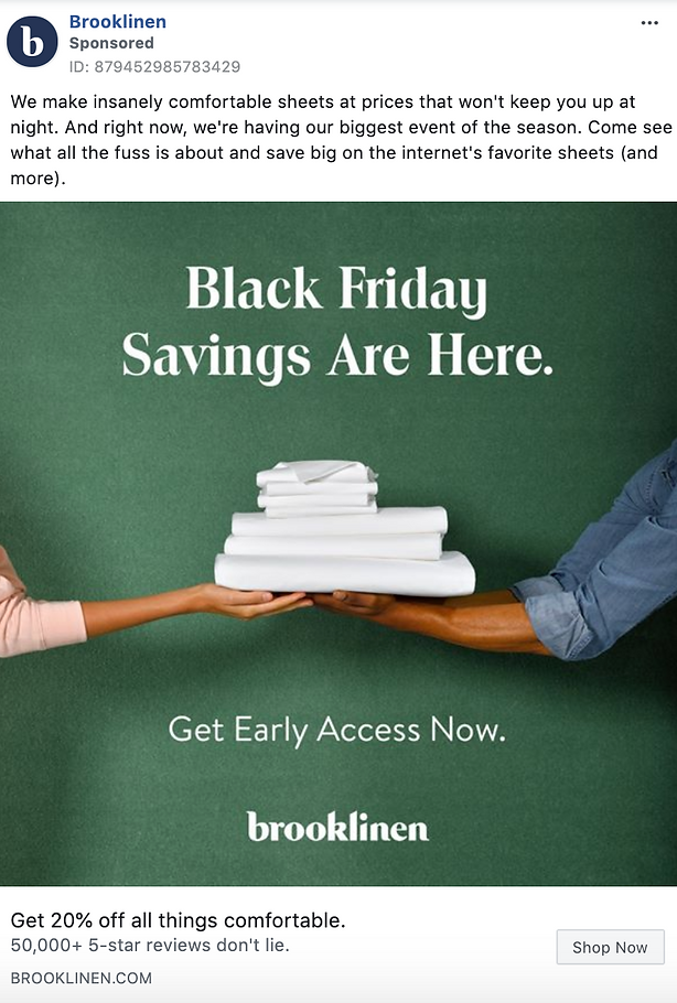 A person in a pale pink shirt holds a stack of white folded bedding against a green background with text promoting Brooklinen's Black Friday savings and 20% off offer.