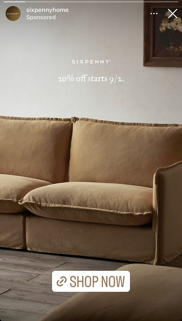 Tan fabric sofa against a neutral wall with a framed painting; text reads "20% off starts 9/2." Shop Now button at the bottom.