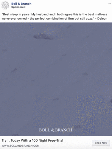 A hand presses down on a white mattress, showing the mattress slowly returning to its original shape. Text overlays read: "BOLL & BRANCH" and "Try It Today With a 100 Night Free-Trial.