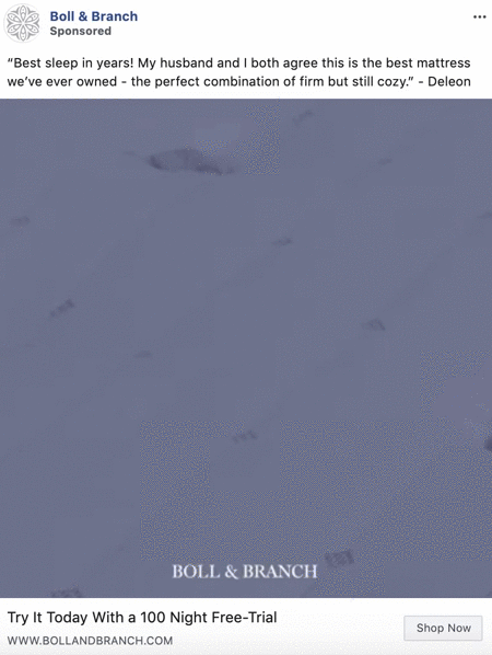 A hand presses down on a white mattress, showing the mattress slowly returning to its original shape. Text overlays read: "BOLL & BRANCH" and "Try It Today With a 100 Night Free-Trial.
