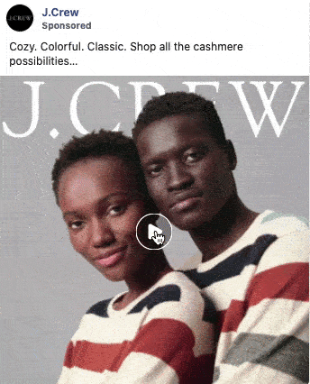 Two models wearing matching striped sweaters pose in front of a J.Crew logo, promoting a collection described as cozy, colorful, and classic.