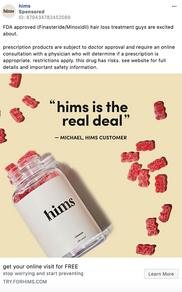 Open bottle of hims hair loss treatment pills spilling red capsule-shaped supplements onto a light surface, with a customer testimonial and product information above.
