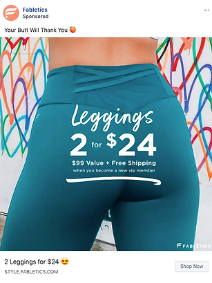 Close-up of a person wearing teal leggings, with a promotional text overlay advertising "Leggings 2 for $24" from Fabletics. Colorful graffiti is visible in the background.
