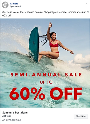 Woman surfing on a wave with text overlay advertising a semi-annual sale of up to 60% off on summer styles.