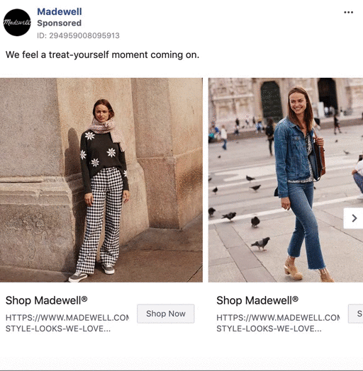 Two women pose in fall outfits; one wears a dark sweater with floral prints and checkered pants, the other wears a denim jacket and jeans. Text and shopping links for Madewell appear below.
