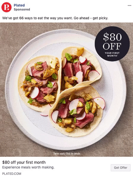 A plate with three soft tacos topped with sliced beef, radishes, herbs, and diced vegetables. Circular $80 off offer badge in the top right corner.
