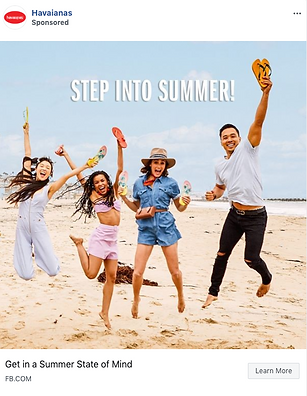 Four people jump and smile on a sandy beach, holding colorful flip-flops, with “STEP INTO SUMMER!” text above them and a blue sky in the background.