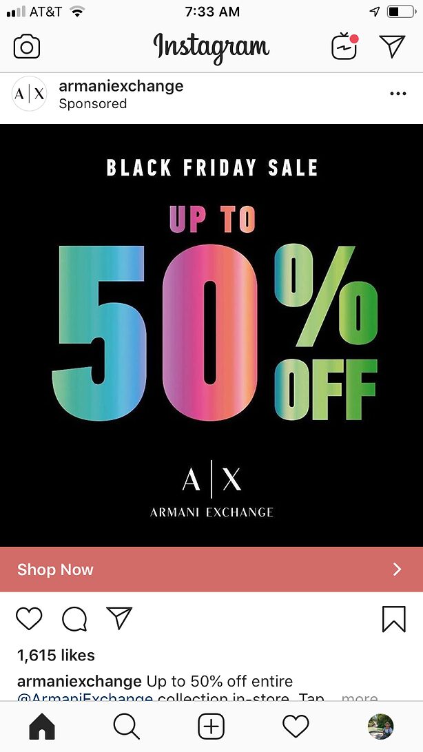 Armani Exchange ad promoting a Black Friday sale with up to 50% off, featuring large, colorful text on a black background.