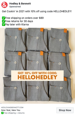 Nine neatly folded gray aprons with brown straps are arranged in a grid. An orange banner reads “GET 10% OFF WITH CODE: HELLOHEDLEY.” Text highlights free shipping and returns.