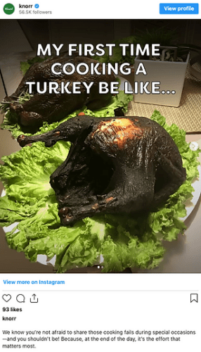 A badly burnt whole turkey sits on a bed of lettuce, with text overlay reading "MY FIRST TIME COOKING A TURKEY BE LIKE...