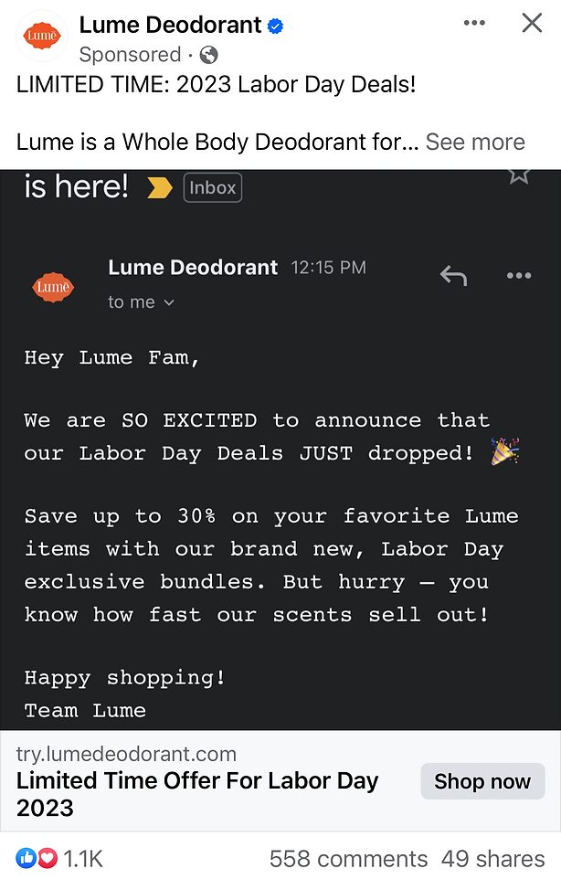 A Lume Deodorant Facebook post announces Labor Day deals with up to 30% off select items and a link to shop.