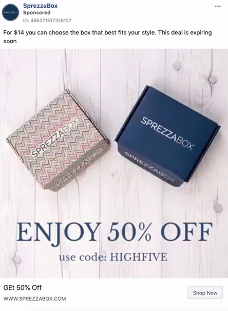 Two SprezzaBox gift boxes on a white surface with text offering 50% off using code HIGHFIVE and a note that boxes cost $14.