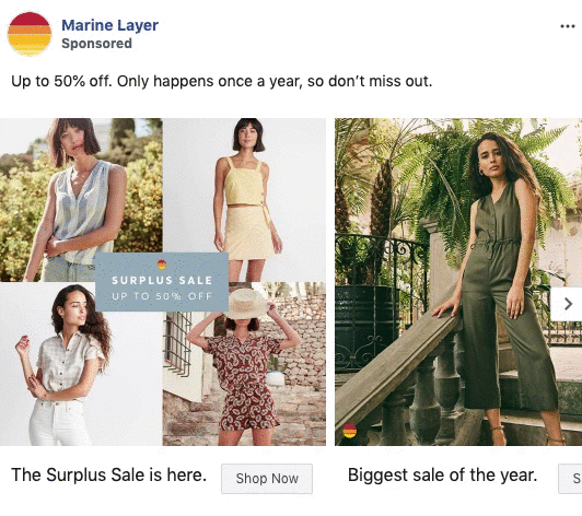 A collage of women modeling summer outfits outdoors, with text promoting Marine Layer’s Surplus Sale offering up to 50% off, labeled as the biggest sale of the year.
