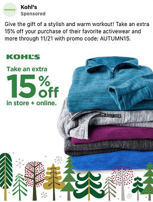 A stack of folded activewear clothes beside a "15% off" offer for Kohl's, surrounded by illustrated trees and a promo code for a discount.