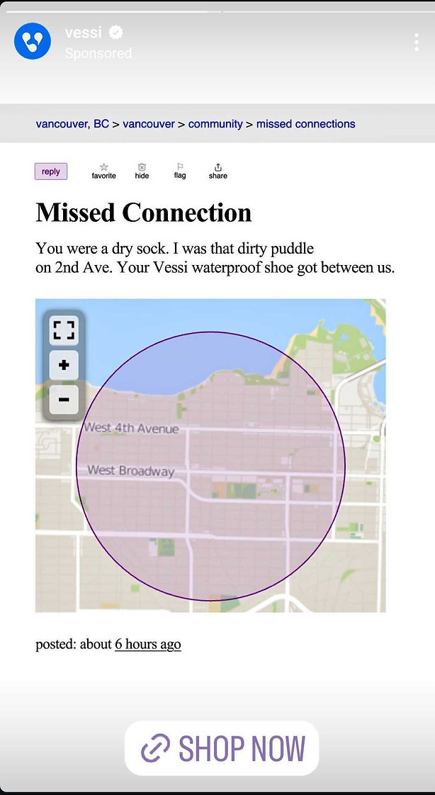 A parody "Missed Connection" ad shows a map of Vancouver with a purple circle and text about a lost connection due to Vessi waterproof shoes. A "Shop Now" button appears at the bottom.