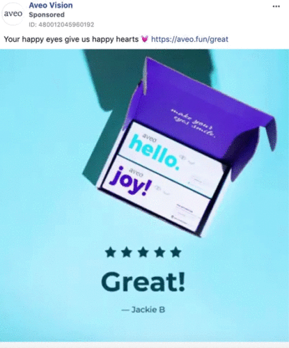 Open purple box with two Aveo contact lens packages labeled "hello." and "joy!" on a blue background, with "Great!" and a customer review shown below.