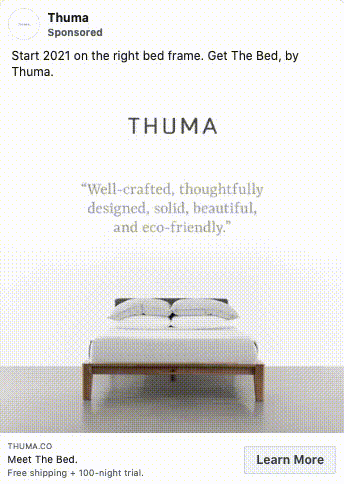 Minimalist wooden bed with white bedding against a white wall displaying the Thuma brand and a quote about the bed being well-crafted, thoughtfully designed, solid, beautiful, and eco-friendly.
