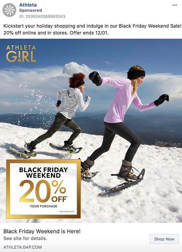 Two girls in winter clothing snowshoe on a snowy mountain with a "Black Friday Weekend 20% off your purchase" promotional banner in the foreground.