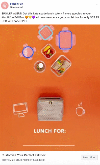 Flat lay of a polka dot lunch tote with containers of snacks and drinks on an orange background, with icons of a computer, utensils, and the text "LUNCH FOR:" printed below.