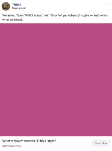 Animated graphic displays text responses from Team THINX about their favorite period-proof underwear styles, ending with a call to shop at shethinx.com.