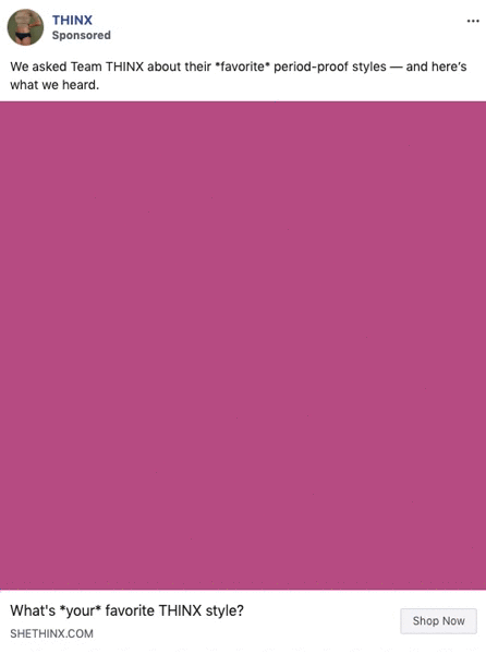 Animated graphic displays text responses from Team THINX about their favorite period-proof underwear styles, ending with a call to shop at shethinx.com.