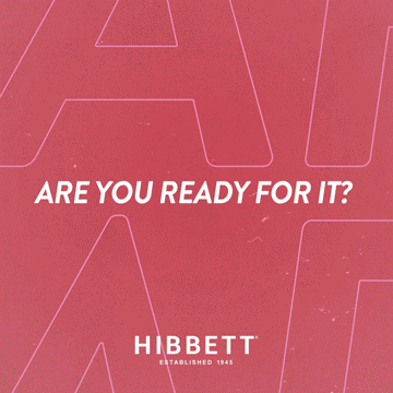Animated graphic with the text "ARE YOU READY FOR IT?" followed by "The Swoosh is coming" and "HIBBETT ESTABLISHED 1945" on a red background.