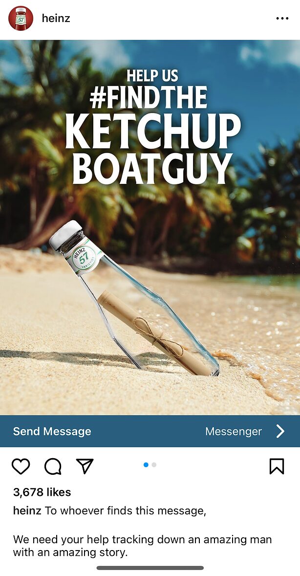 A Heinz ketchup bottle with a rolled-up note inside lies on a sandy beach near the water, with palm trees and the ocean in the background. Text reads: "HELP US #FINDTHEKETCHUPBOATGUY".