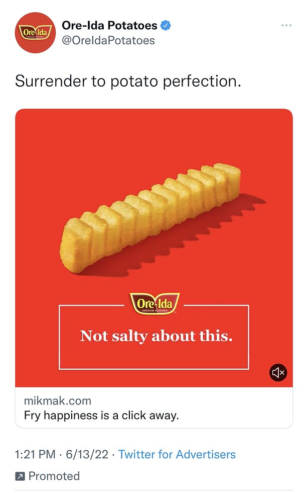 A single crinkle-cut fry is displayed on a red background with the text "Not salty about this" and the Ore-Ida logo below it.