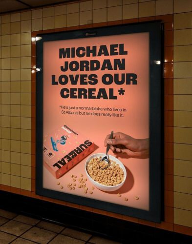 Poster in a subway station advertises cereal, stating "Michael Jordan loves our cereal*" with a bowl, cereal box, and milk, and a note clarifying it refers to a local resident.