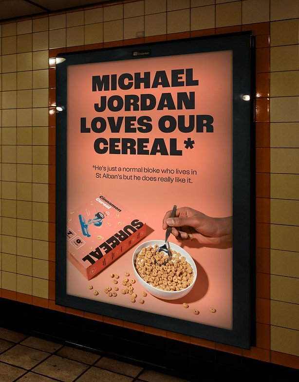 Poster in a subway station advertises cereal, stating "Michael Jordan loves our cereal*" with a bowl, cereal box, and milk, and a note clarifying it refers to a local resident.
