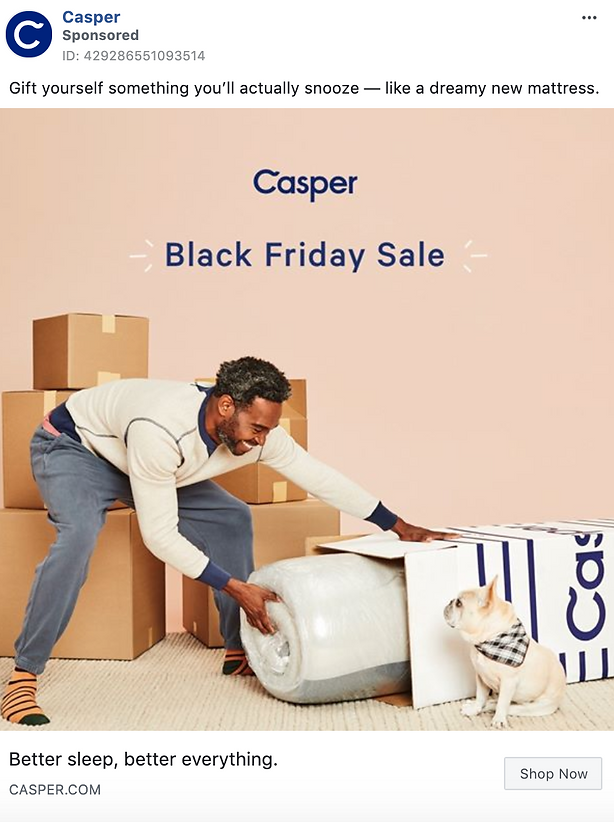 A man kneels on the floor, unboxing a rolled-up mattress next to a dog wearing a scarf, with boxes nearby and a "Casper Black Friday Sale" sign in the background.