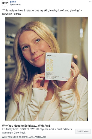 Gwyneth Paltrow holds a box of GOOPGLOW skincare product, smiling and touching her face, with a quote endorsing the product displayed above.