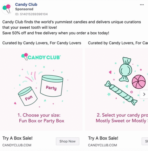 Candy Club ad with icons of a candy jar, candy, and party box. Text promotes a 50% off sale and free delivery on curated candy boxes, with two subscription options shown.