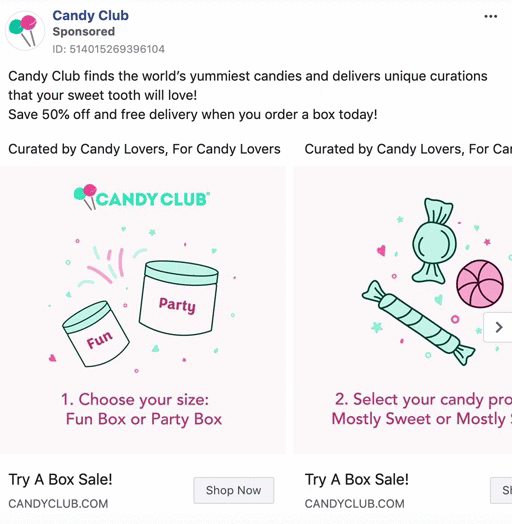 Candy Club ad with icons of a candy jar, candy, and party box. Text promotes a 50% off sale and free delivery on curated candy boxes, with two subscription options shown.