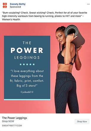 A woman in a sports bra and patterned leggings holds a rolled yoga mat. Text highlights a positive review of the leggings and mentions their suitability for various workouts.