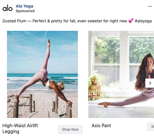 Alo Yoga ad featuring women wearing pink leggings and pants; one does a split on a boardwalk by the beach, another sits indoors in front of large windows.