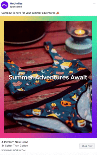 A two-piece swimsuit with a camping-themed print is laid out on a wooden surface next to a lantern and a metal cup. Text reads: "Summer Adventures Await.