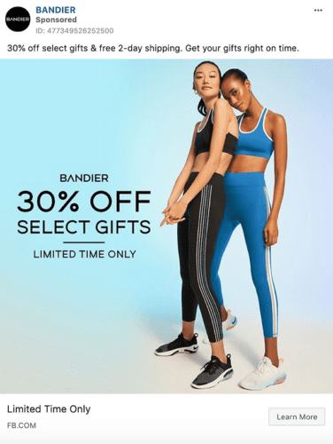 Two women in activewear pose together; text reads "30% off select gifts" and "Limited time only" with details about 2-day shipping on a blue gradient background.