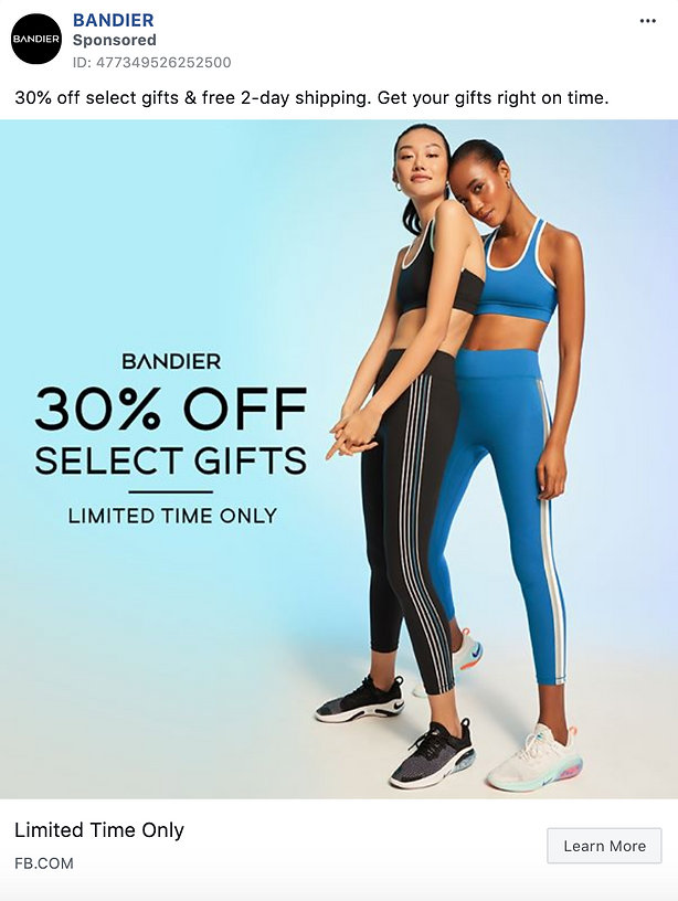 Two women in activewear pose together; text reads "30% off select gifts" and "Limited time only" with details about 2-day shipping on a blue gradient background.